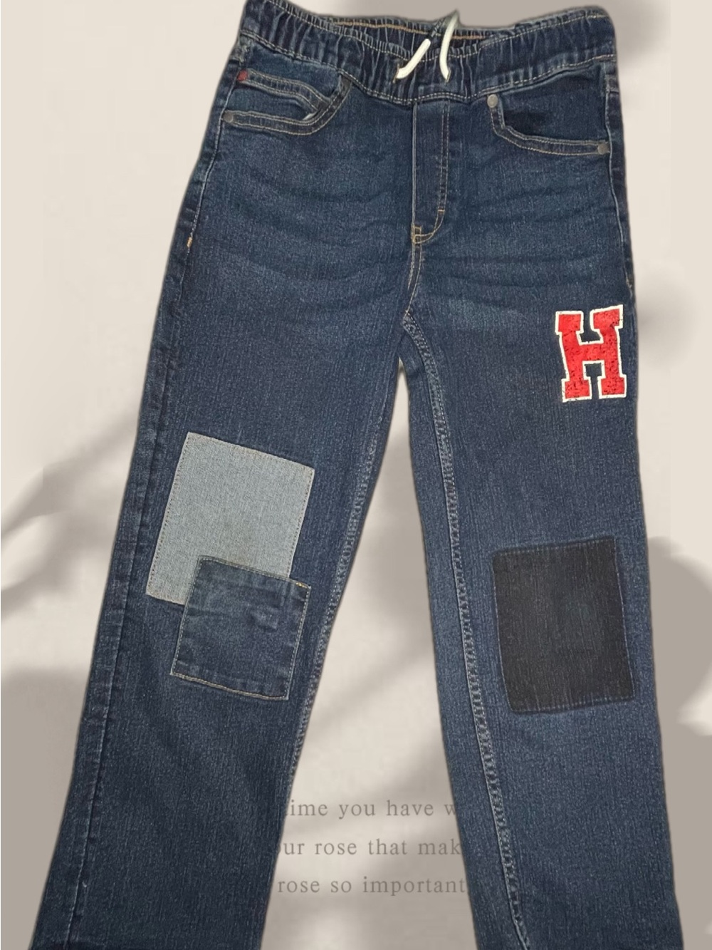 Tommy Hilfiger Boy’s Dark Blue Patchwork Jeans with Red 'H' Accent